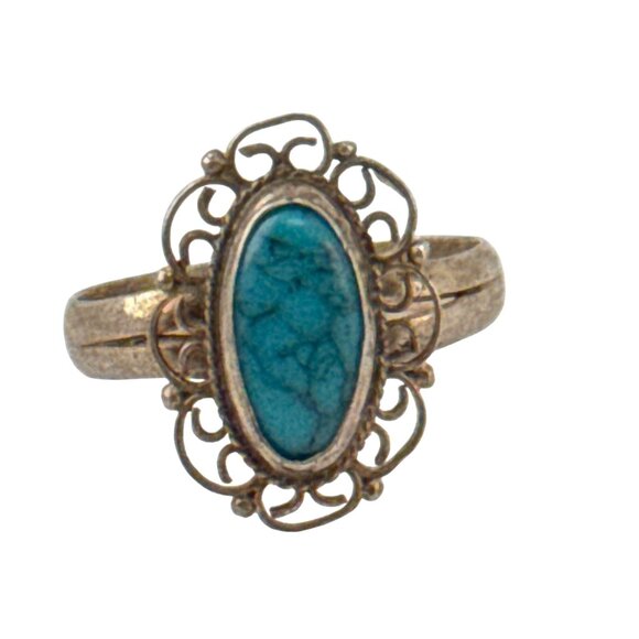 Vintage Sterling Silver Filigree Ring with Oval Turquoise Stone Size 3.75 - Picture 1 of 5